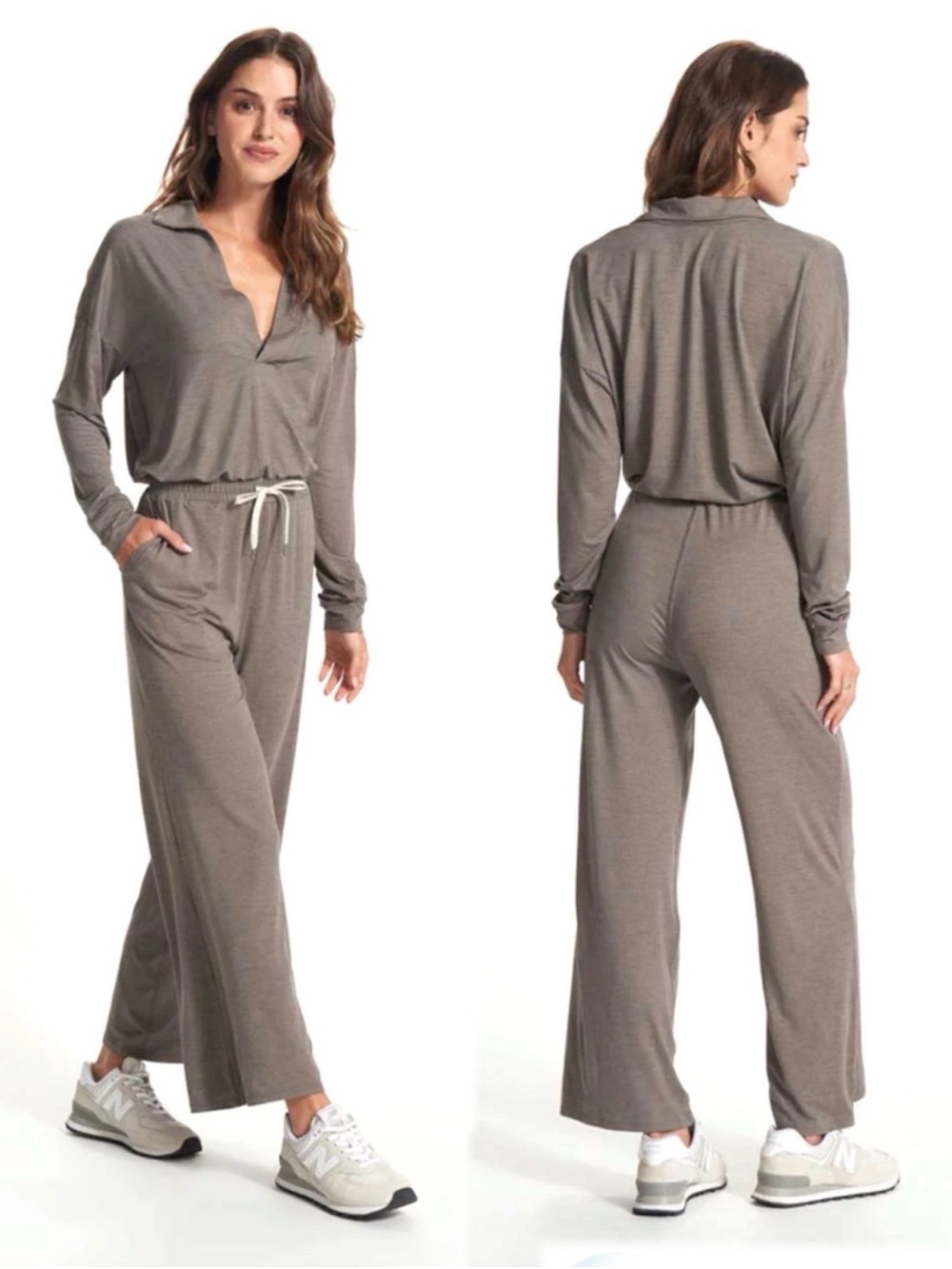Vuori Women's Taupe Lux Intentions Long-Sleeve V-Neck Jumpsuit